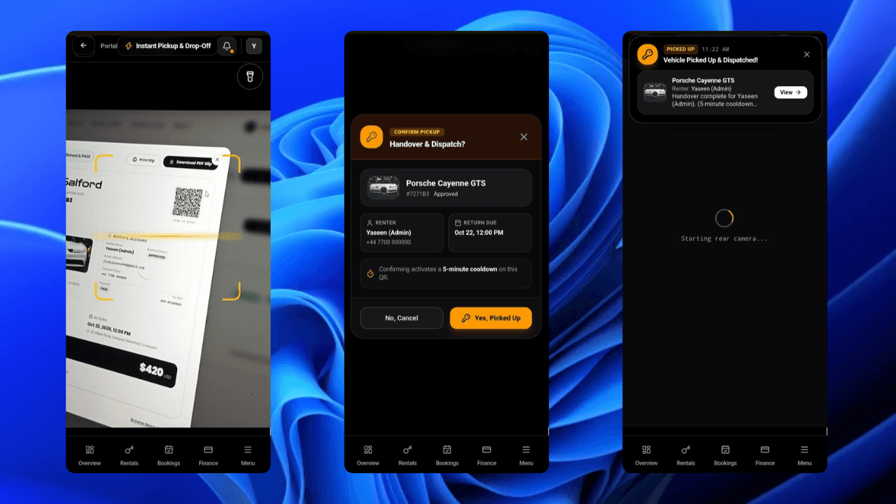  QR scanner mobile workflow showing scan, verification, and car dispatch