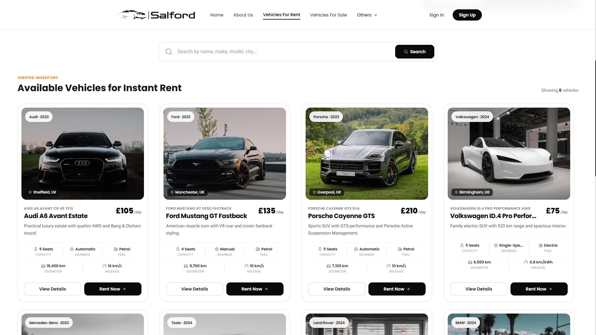 Car listings on the customer-facing website