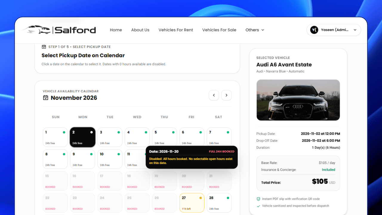  Vehicle Availability Calendar showing live booked dates restriction