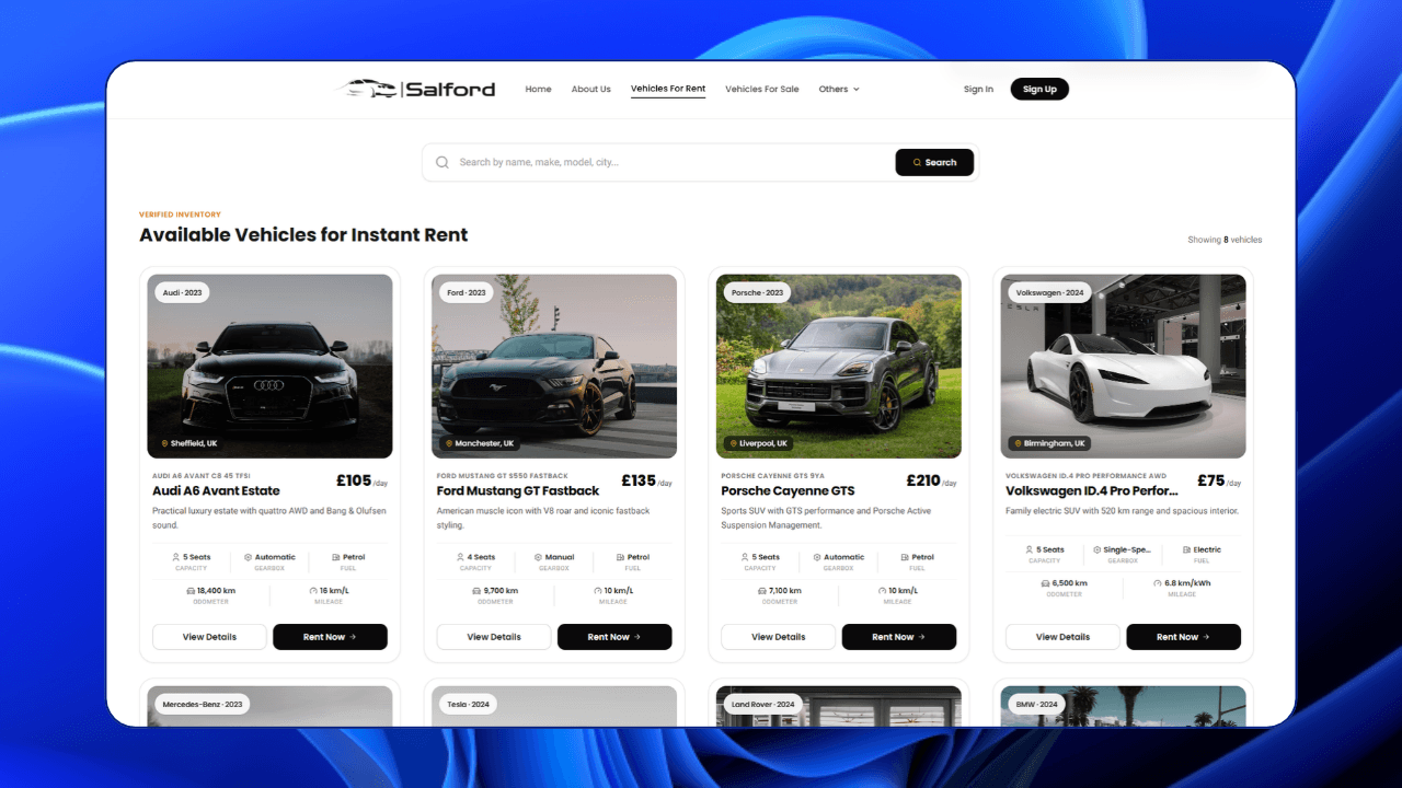  customer website showing available cars for instant rent